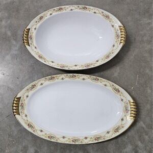 Meito China Oval Serving Bowls Set Of 2 Porcelain Floral 22kt Gold Handles Japan